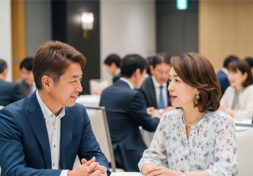 婚活パーティーに参加して、二人で会話する中年の男女