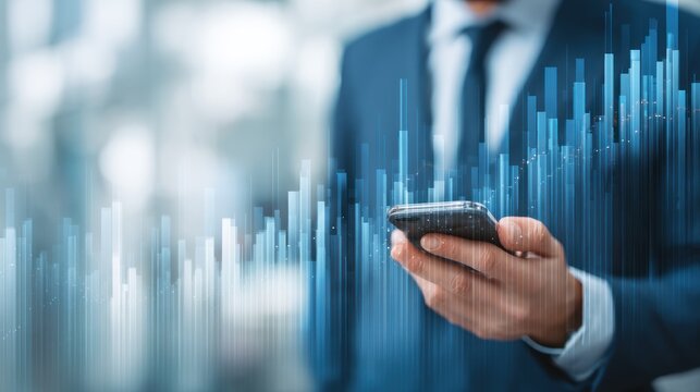 Businessman with phone and digital graphs