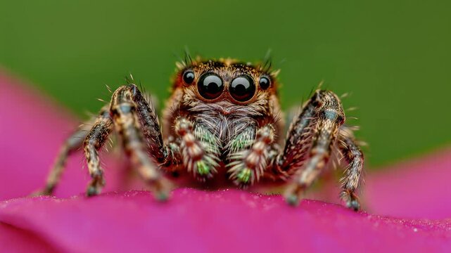 Closeup of a spider sitting on a pink leaf looking forward