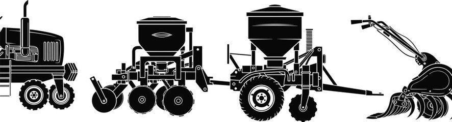 tractor, seeder, planter, tiller, cultivator, soil, crop, farm, field, machinery, agriculture, equipment, silhouette, modern, tool, farm tractor, seed planter, soil  © Masuda
