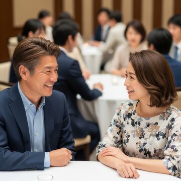 婚活パーティーに参加して、二人で会話する中年の男女