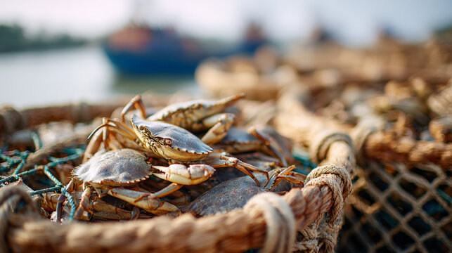 Live crabs piled in woven baskets at harbor fishing dock