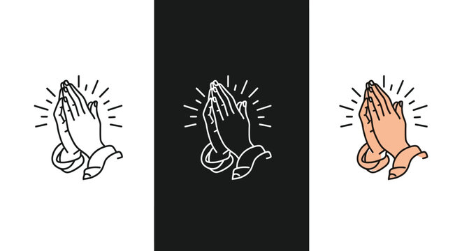 Minimalist vector illustration set displaying three variations of praying hands icons with radiating light.