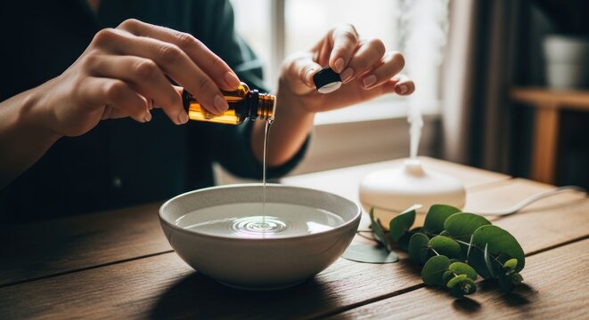 Person pouring liquid from a bottle into a bowl, with a diffuser