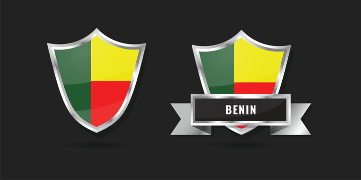 Professional glossy silver shield emblems featuring the flag of Benin. Includes badge with ribbon banner and country name. Ideal for Pan-African, sports, and patriotic national identity