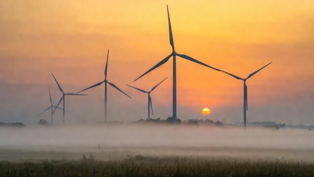 Wind turbines turning amid sunrise fog on open plain