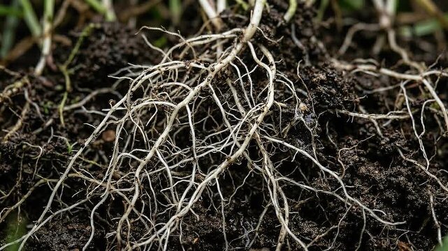 Regenerative grazing root network soil plant system entwined roots connect soil and plant feeding networks showcasing intricate root network and soil