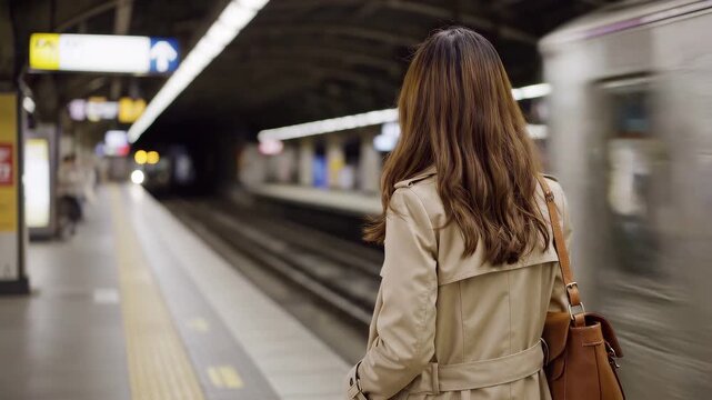 Young Woman in Trench Coat Waiting on Subway Platform as Train Departs in Blurred Motion