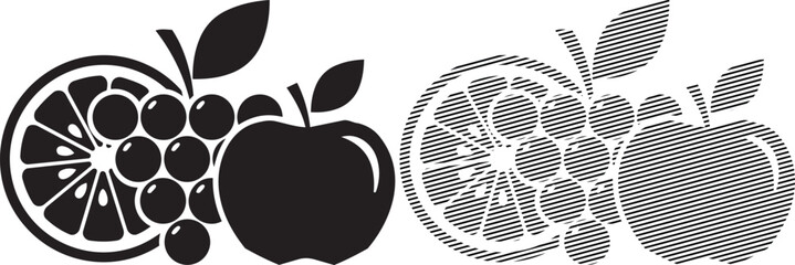 Fototapeta premium Intricate black and white embroidery of citrus and apple fruits with crosshatching patterns
