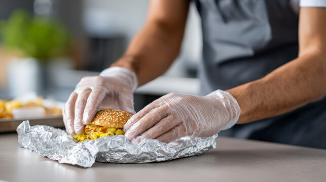 Food worker assembling wrapped burger in kitchen counter