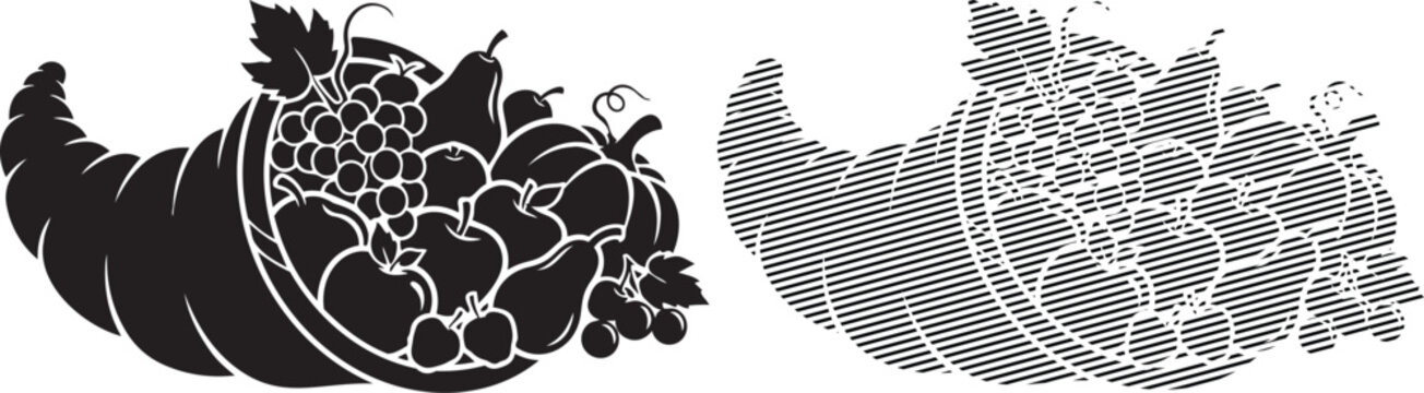 Traditional cornucopia filled with fruits and a decorative cornucopia outline