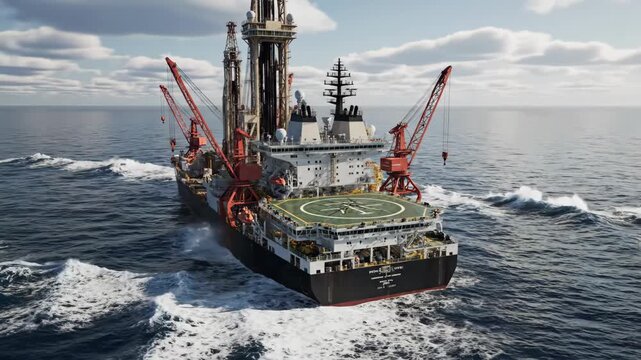 A large offshore drilling rig operates on the open ocean under a cloudy sky, symbolizing global crude oil exploration.
