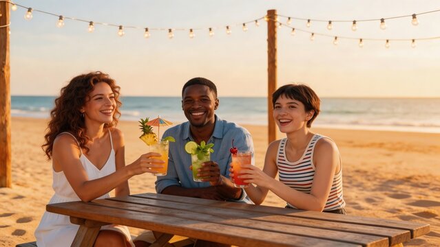 Three people enjoying drinks on a beach
