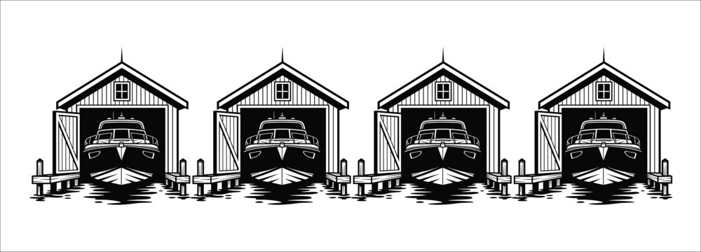 Row of boat house icons with docked yachts in black and white vector silhouette
