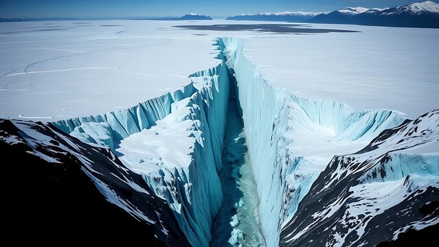 monopole. A vast glacier with a deep, dark crevasse splitting its surface, cold blue and white tones. travel magazines, destination branding, designed for outdoor magazines and nature guides.
