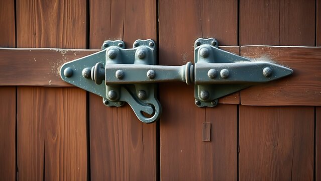 hasp. Large iron hasp on a dusty barn door, symbolizing security in soft natural light. real-estate listings.
