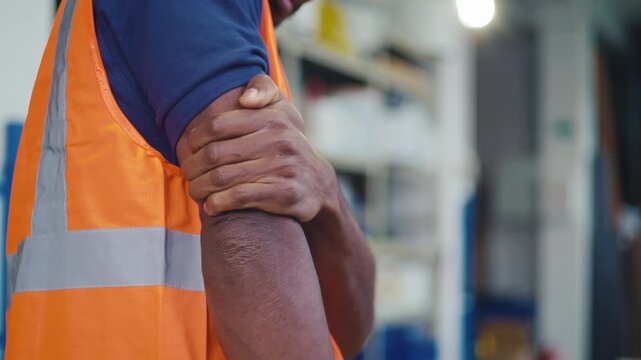 Worker in an orange safety vest experiencing upper arm pain, strain, fatigue, or injury caused by physical labor in workplace settings.