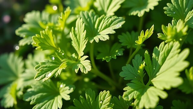 lovage. A lush green lovage plant with dewdrops in a morning garden. gardening catalogs, home-decor guides, designed for home decor and floral branding, used by ngo communicators.