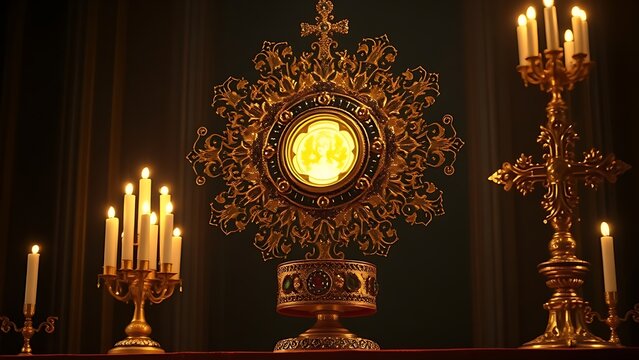 monstrance. Ornate gold and jeweled monstrance on altar, glowing from candlelight. event programs, museum guides, designed for cultural heritage projects and event programs.