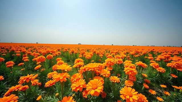 sardonyx. A vast field of marigold flowers in full bloom under a bright sky in Gujarat, India. gardening catalogs, home-decor guides, designed for home decor and floral branding.