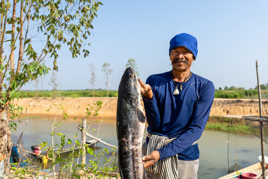 Elderly fisherman is holding a big fish and looking at the camera, standing near a lake, outdoors