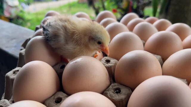Newborn yellow chick sitting on eggshell after hatching in cardboard tray, small chick among whole chicken eggs in rural farm setting