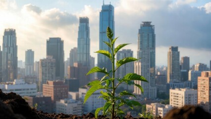 Obraz premium Single plant silhouetted against city skyline at golden hour
