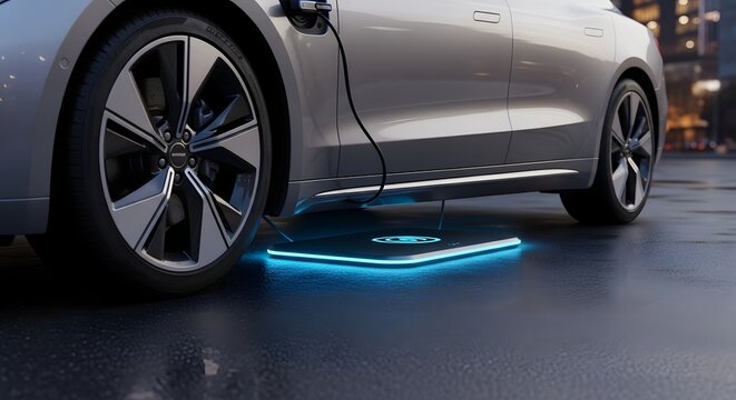 Electric car charging wirelessly with glowing blue induction pad on pavement