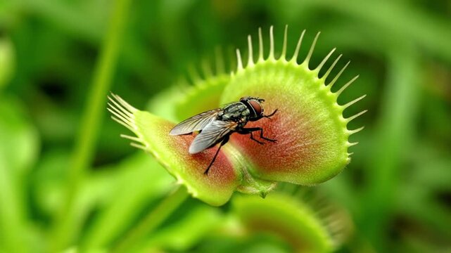 Venus flytrap carnivorous plant capturing a housefly macro