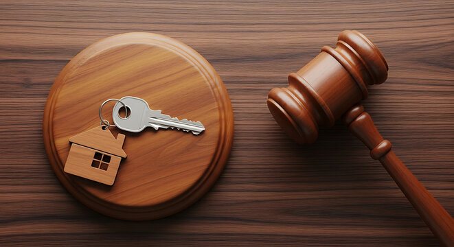 Judge gavel and key chain in shape of two splitted part of house on wooden background. Concept of real estate auction or dividing house when divorce, division of property, real estate, law system.