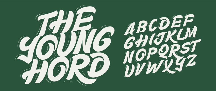 Young Modern Handwritten Font Logo Alphabet Handdrawn Letter Set Calligraphic Typography, Brush Lettering Typographic Design for Cool Title, Tee Print, Youthful Headline and Logotype. Vector Typeface.