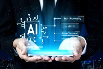 Fototapeta premium AI assistant with LLM, big data, machine learning, and generative AI powers prompt engineering and supports agentic AI for advanced business applications. Vouch