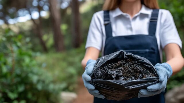 355Close-up of gloved hands of a volunteer holding a black trash bag filled with mixed garbage, soft natural daylight, textures of crumpled plastic and paper visible, environmental cl
