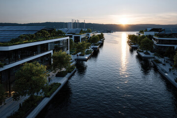 Obraz premium A beautiful scenic view of modern waterfront homes with solar panels, surrounded by water reflecting the sunset, highlighting eco-friendly designs and serene living environments.