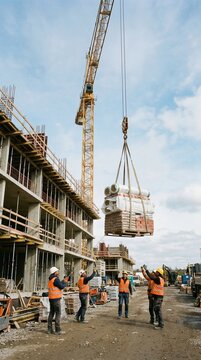 Tower crane lifting heavy pallet with bricks and insulation materials above construction site workers. Concept of heavy lifting, material supply, industrial process and coordinated teamwork on site.