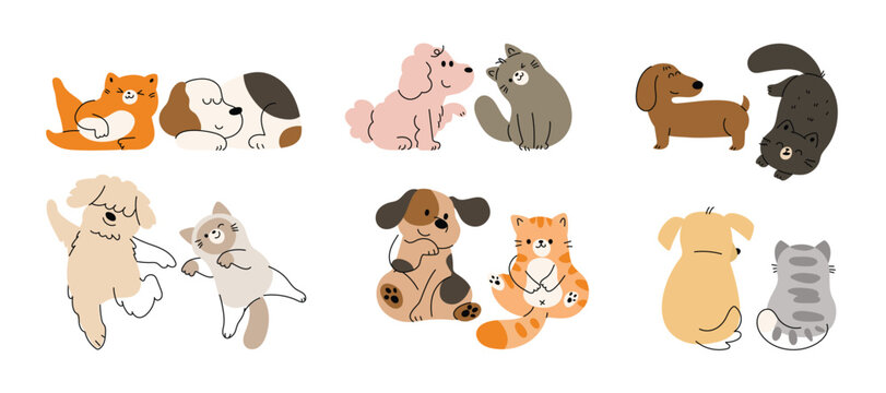 Collection of playful cat and dog with smiling, running and jumping. Flat doodle cartoon vector illustration.
