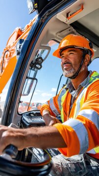 Close up of excavator operator wearing safety helmet and vest sitting inside machine cabin. Concept of skilled labor, equipment control, heavy machinery operation and construction expertise.