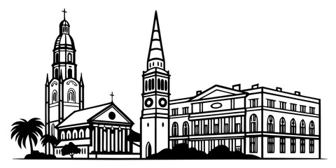 Fototapeta premium USA, US, U.S, United States - Minimal Charleston South Carolina Skyline – Historic Architecture Clean Line Art SVG Vector Design | USA US U.S United States City Outline Illustration
