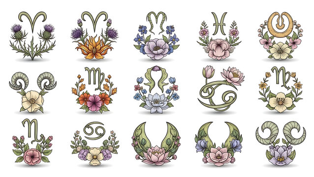 Set of 12 zodiac signs with floral designs