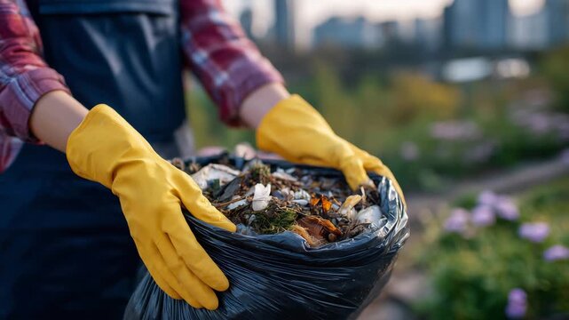 360Hands in colorful protective gloves holding an overfilled trash bag, soft sunlight highlighting textures of garbage inside, close-up focus on gloves and bag, urban cleanup scene