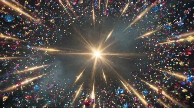 A million tiny crystals released into the sky concept. Radiant explosion of colorful sparkling gems with bright light beams creating a magical vibrant background
