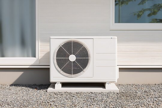 Modern white outdoor air conditioner unit installed on a residential house wall