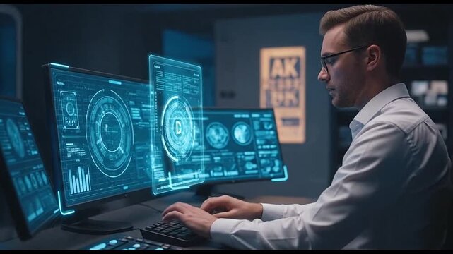 man working on computer with futuristic interface