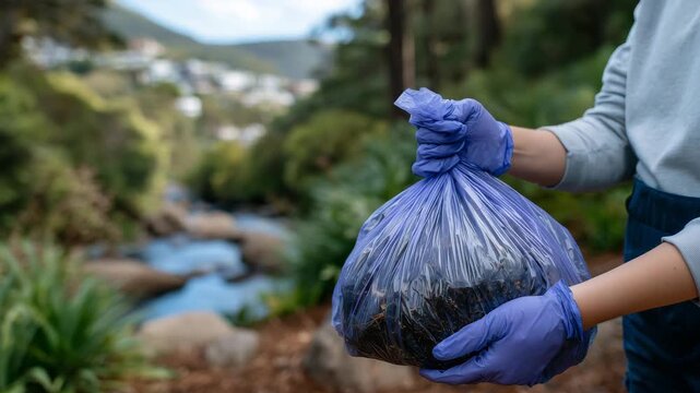 372Front view of gloved hands holding a trash bag filled with household and park waste, texture of plastic and contents visible, natural daylight, realistic environmental volunteer ac