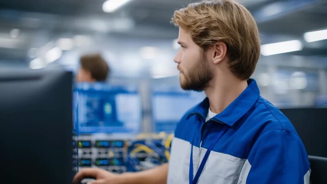 A technical support specialist providing on-site assistance, adjusting network cables and connecting hardware, screens displaying real-time diagnostics, professional teamwork envir