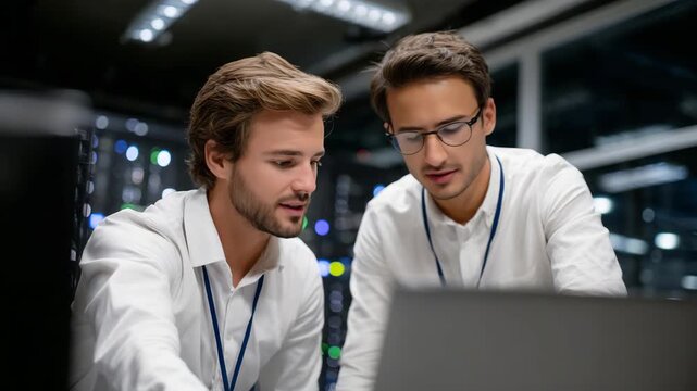 A technical support specialist providing on-site assistance, crouched in front of a rack-mounted server, troubleshooting connections while a colleague monitors screens, teamwork an