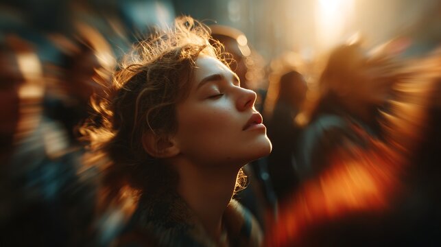 Peaceful young woman with closed eyes finding inner calm in a busy blurred city crowd