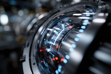 Fototapeta premium An intricate close-up view of a futuristic tech display, illuminated with vibrant LEDs, representing advanced engineering and the complexity of modern technology.