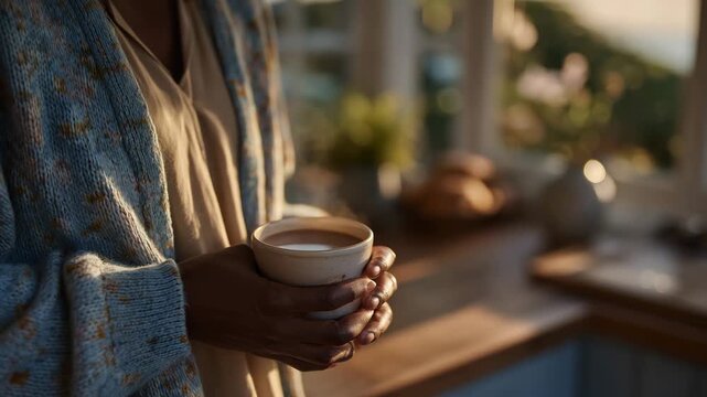 All the feels captured in a quiet morning kitchen, sunlight streaming through the window as a person holds a warm mug with both hands, steam rising gently, atmosphere of comfort, r