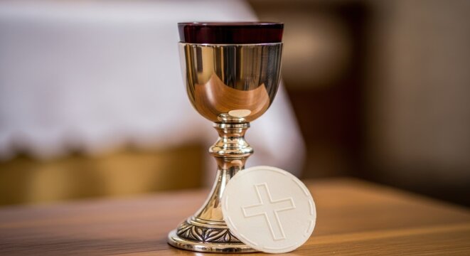 Silver chalice with communion wafer on table. Christian sacrament of eucharist ceremony. Religious ritual in church. Holy bread and wine as spirit symbol of faith and devotion to God.